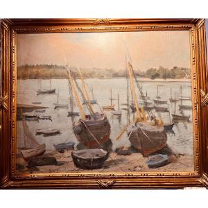 Bateaux Au Mouillage Par M Moisset - Huile Sur Toile