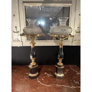 Paire de lampes carcel en tôle peinte et Crystal 