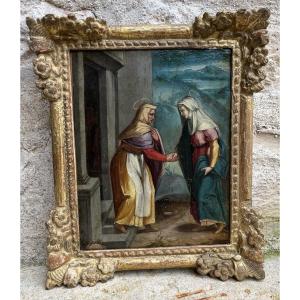 La Visitations de Marie à Élisabeth -  huile sur cuivre  École Flamande 