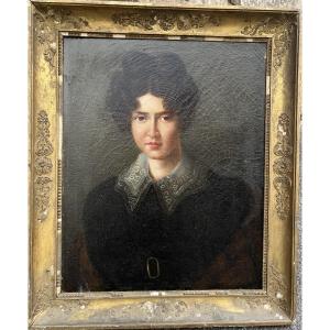 Oil On Canvas - Woman With Embroidered Collar 19th Century 