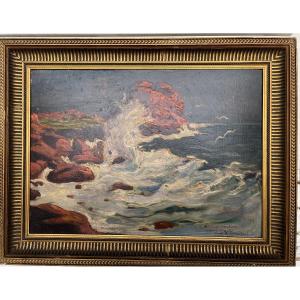 Rough Sea - Oil On Panel By Louis Azéma