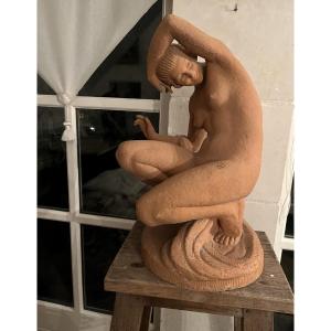 Sculpture en terre  cuite Femme accroupie  par Marcel BOURAINE 