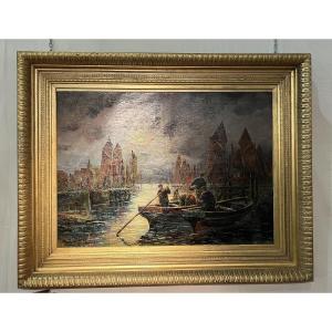 Marin pêcheur au clair de lune Huile sur toile Signée Weil