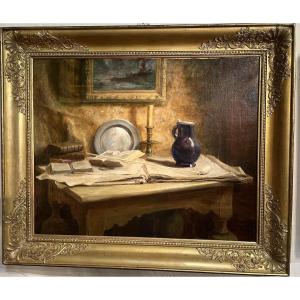 Still Life With A Meerschaum Pipe - Oil On Canvas, 19th Century