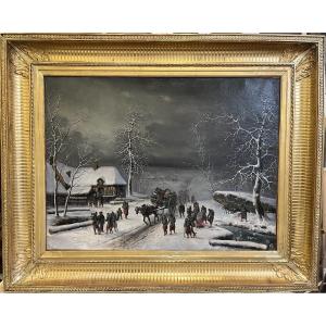 Huile sur toile - convoi militaire dans un village signé Malbranche 