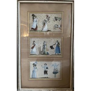 Gravures de mode du XVIIIe rehaussée à l’aquarelle 