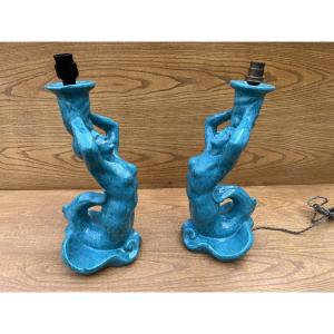 Pair Of 1950s Blue Ceramic Mermaid Lamps