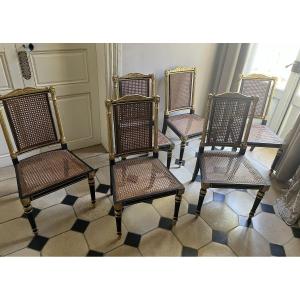 Suite Of 6 Caned Chairs In Black And Gilded Lacquered Wood 19th Century