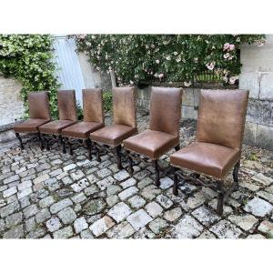 Suite Of 6 Louis XIII Style Chairs With Leather Seats