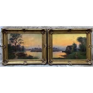 Sunset Landscapes By Dumoutier - Oil On Canvas