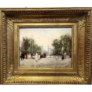 Animation  aux champs Élysées - huile sur panneau XIXe