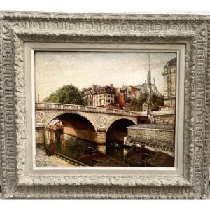Pont de paris - huile toile époque 1900
