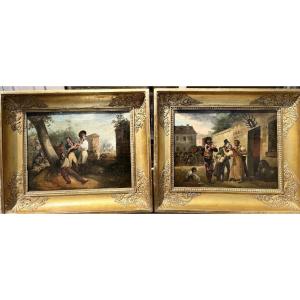 Paire d’huiles sur toile XIXe - Épisode de guerre sous L’empire