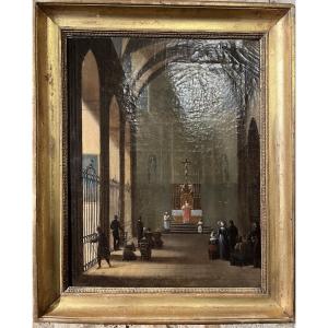 Intérieur d’église XIXe - signé Magner