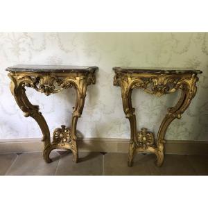 Pair Of Louis XV Style Consoles, In Golden Wood