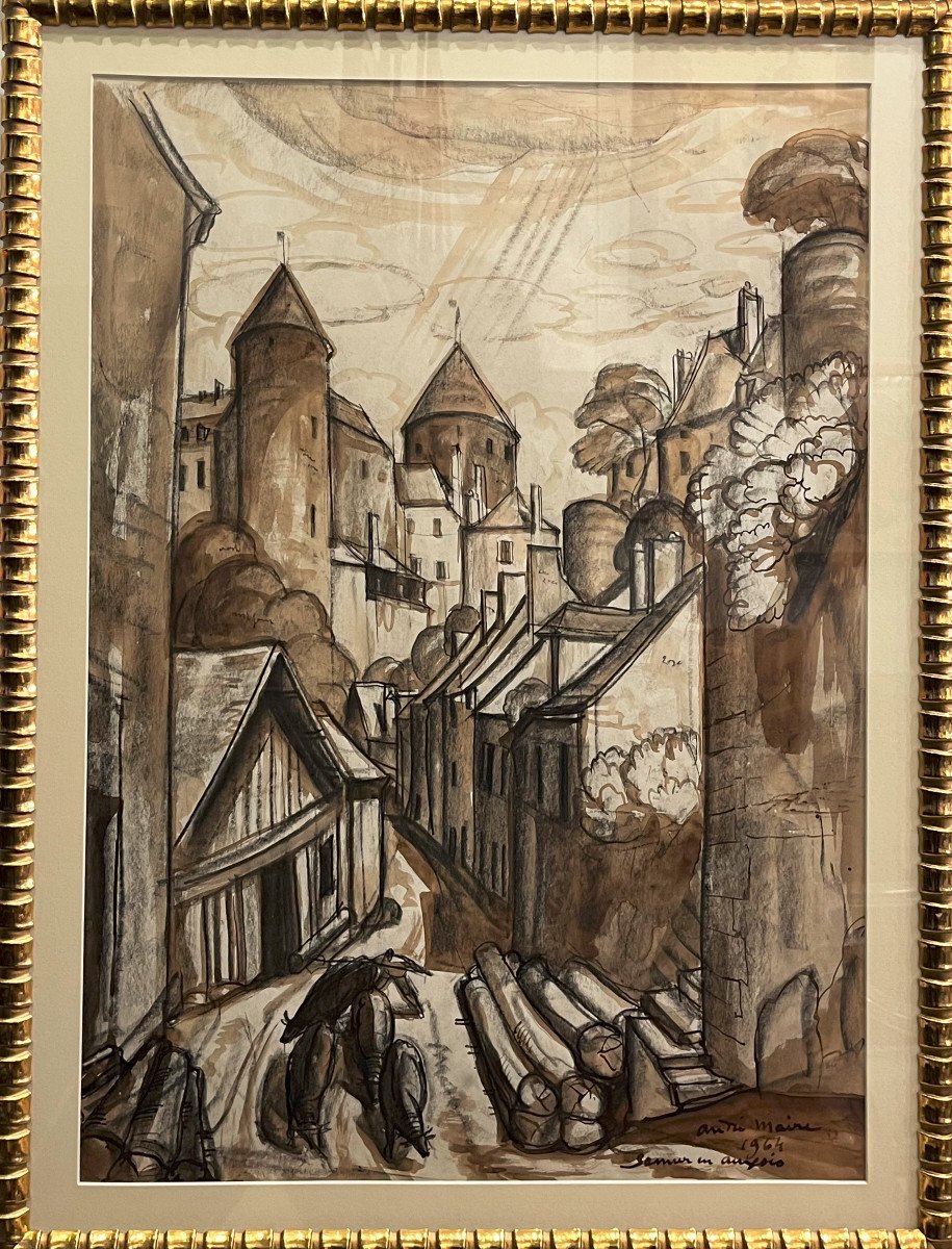 Maire André (1898-1984) Berger Et Son Troupeau Dans Un Rue De Semur En Auxois