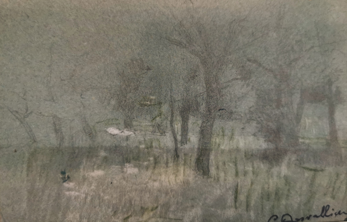 DESVALLIERES Georges (1861-1950) Arbres fruitiers mine de plomb et pastel blanc sur papier bleu