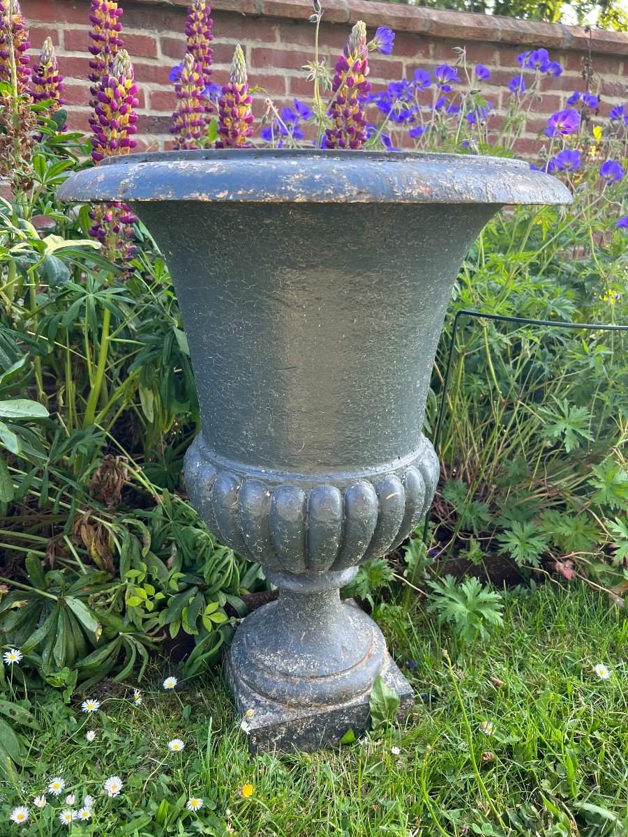 Pair Of Medici Vases On Cast Iron Pedestal-photo-3