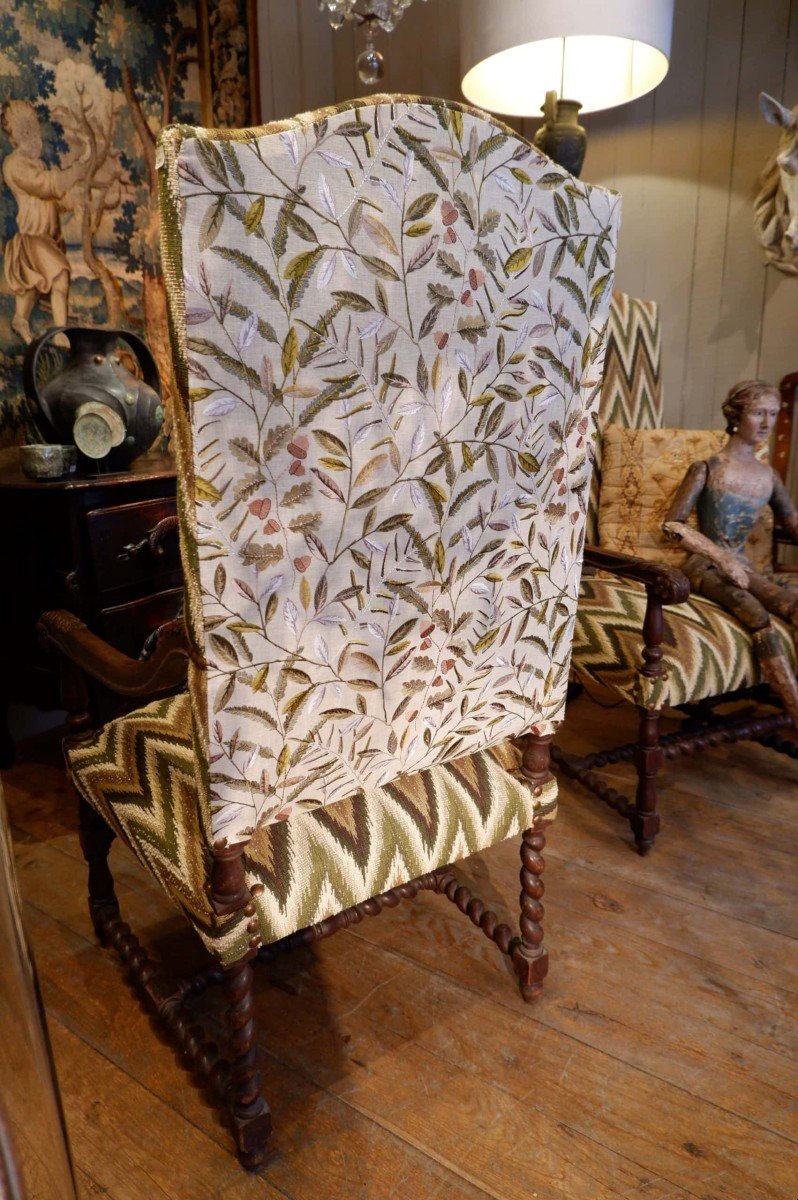 Pair Of Large Carved Oak Armchairs With Scrolled Arms-photo-3