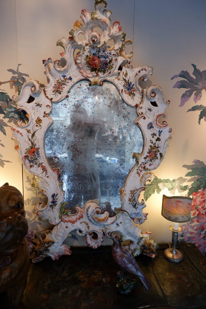 Large Porcelain Mirror Painted Decor With Flowers & Insects-photo-2