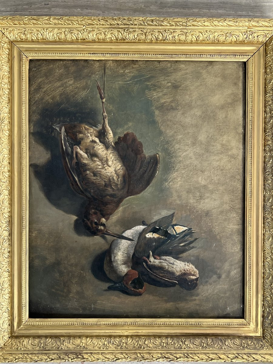 Nature Morte Sarcelle d'Hiver, Bécasse Et Grive. Huile Sur Toile.-photo-2