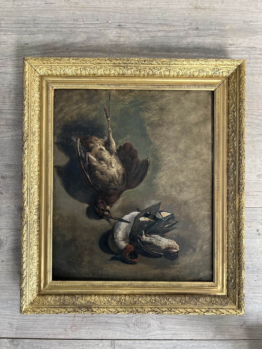 Nature Morte Sarcelle d'Hiver, Bécasse Et Grive. Huile Sur Toile.