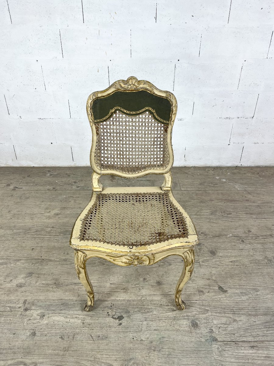 Louis XV Chair In Gilded Wood, Canework And Leather Seat – 18th Century-photo-2