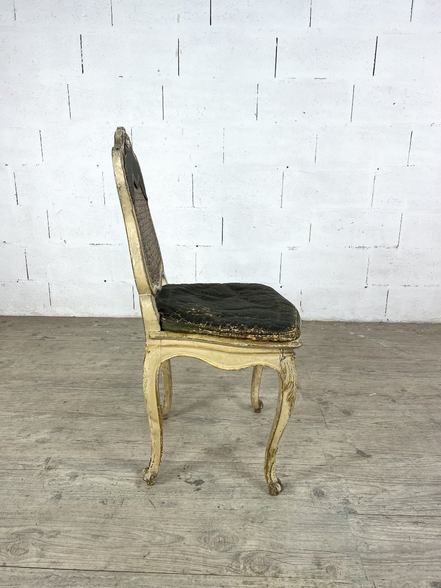 Louis XV Chair In Gilded Wood, Canework And Leather Seat – 18th Century-photo-3
