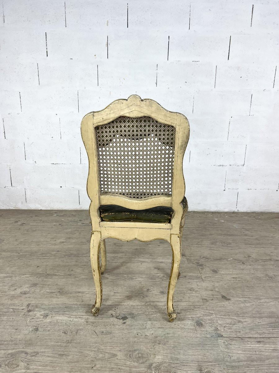 Louis XV Chair In Gilded Wood, Canework And Leather Seat – 18th Century-photo-4