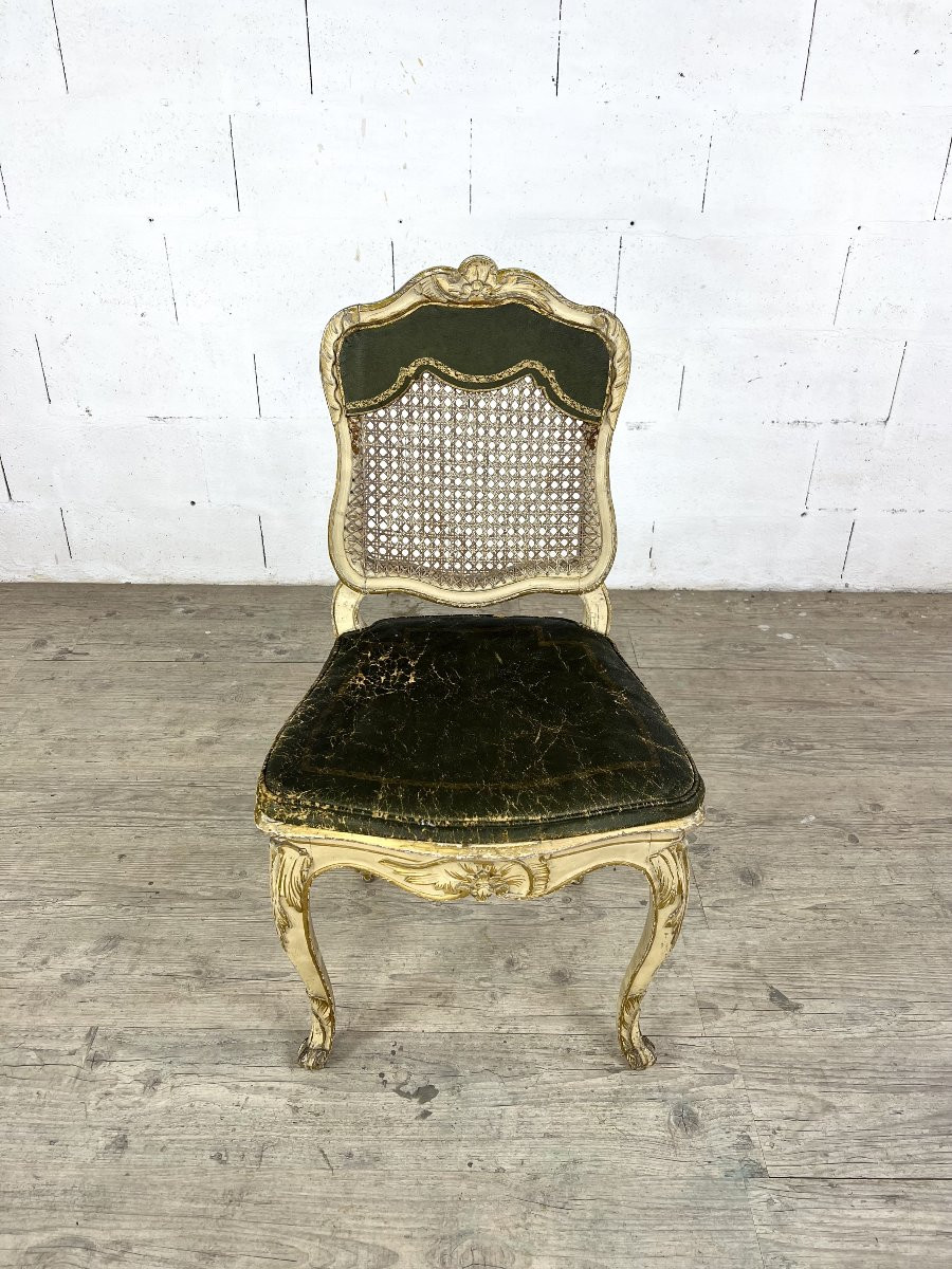 Louis XV Chair In Gilded Wood, Canework And Leather Seat – 18th Century-photo-1