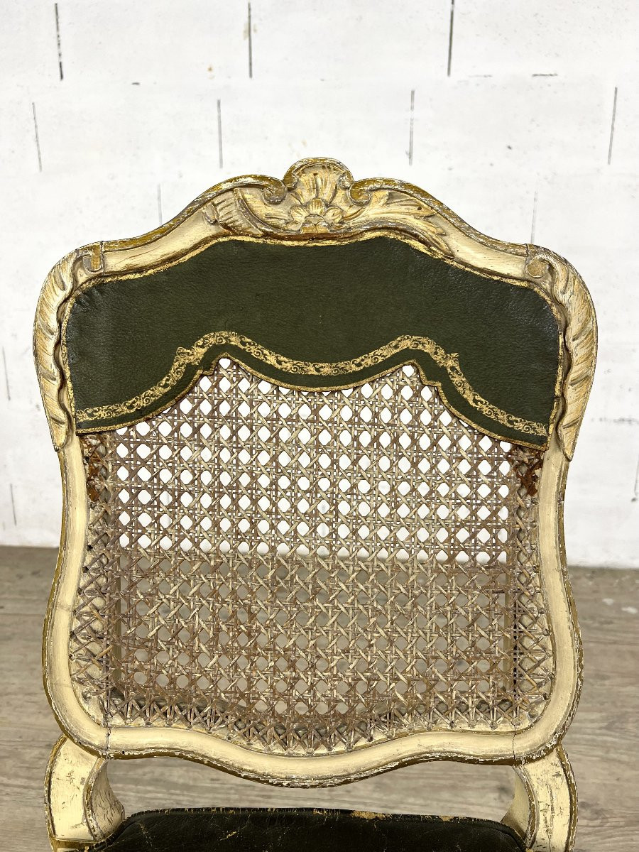 Louis XV Chair In Gilded Wood, Canework And Leather Seat – 18th Century-photo-2