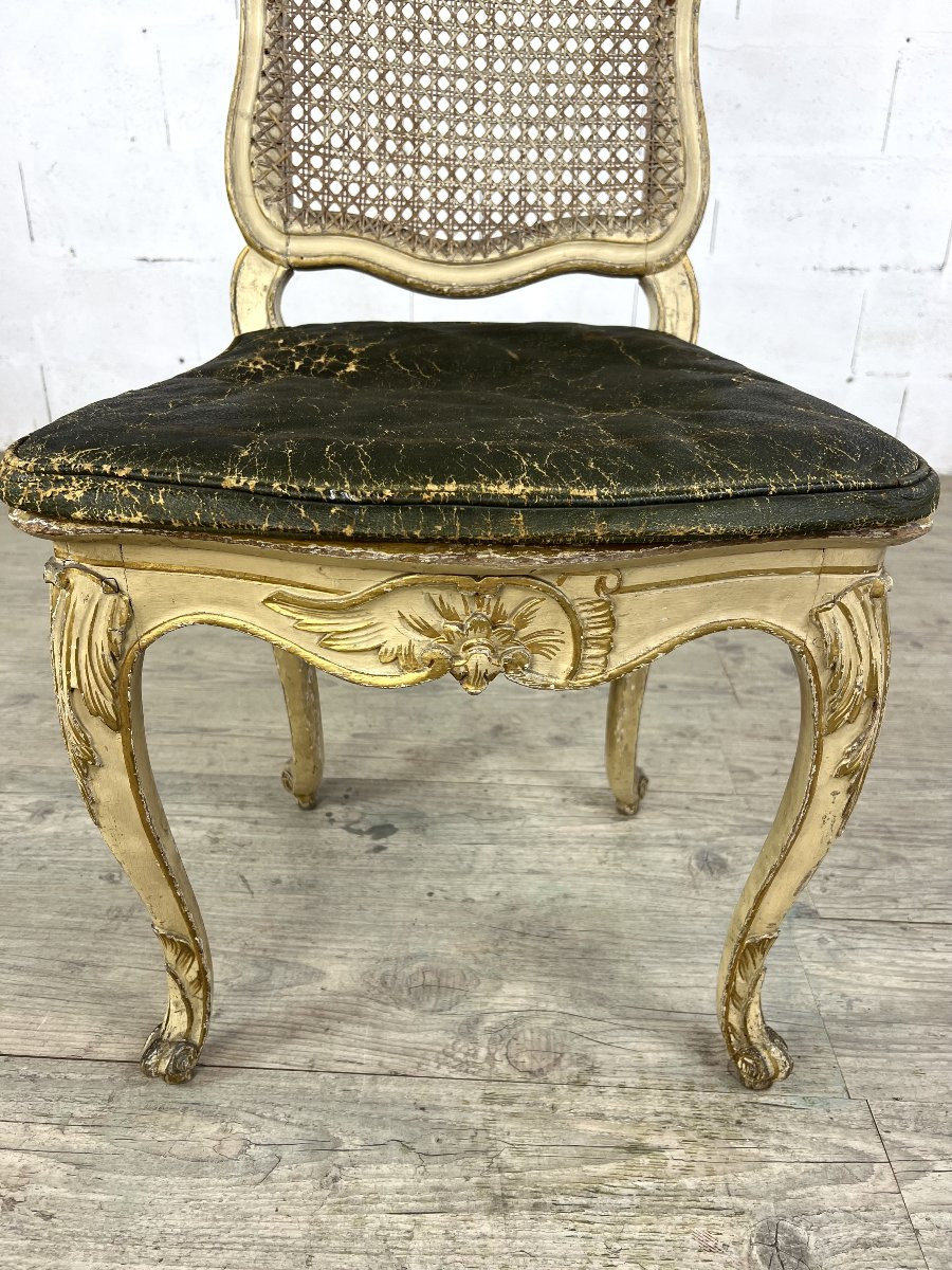 Louis XV Chair In Gilded Wood, Canework And Leather Seat – 18th Century-photo-3