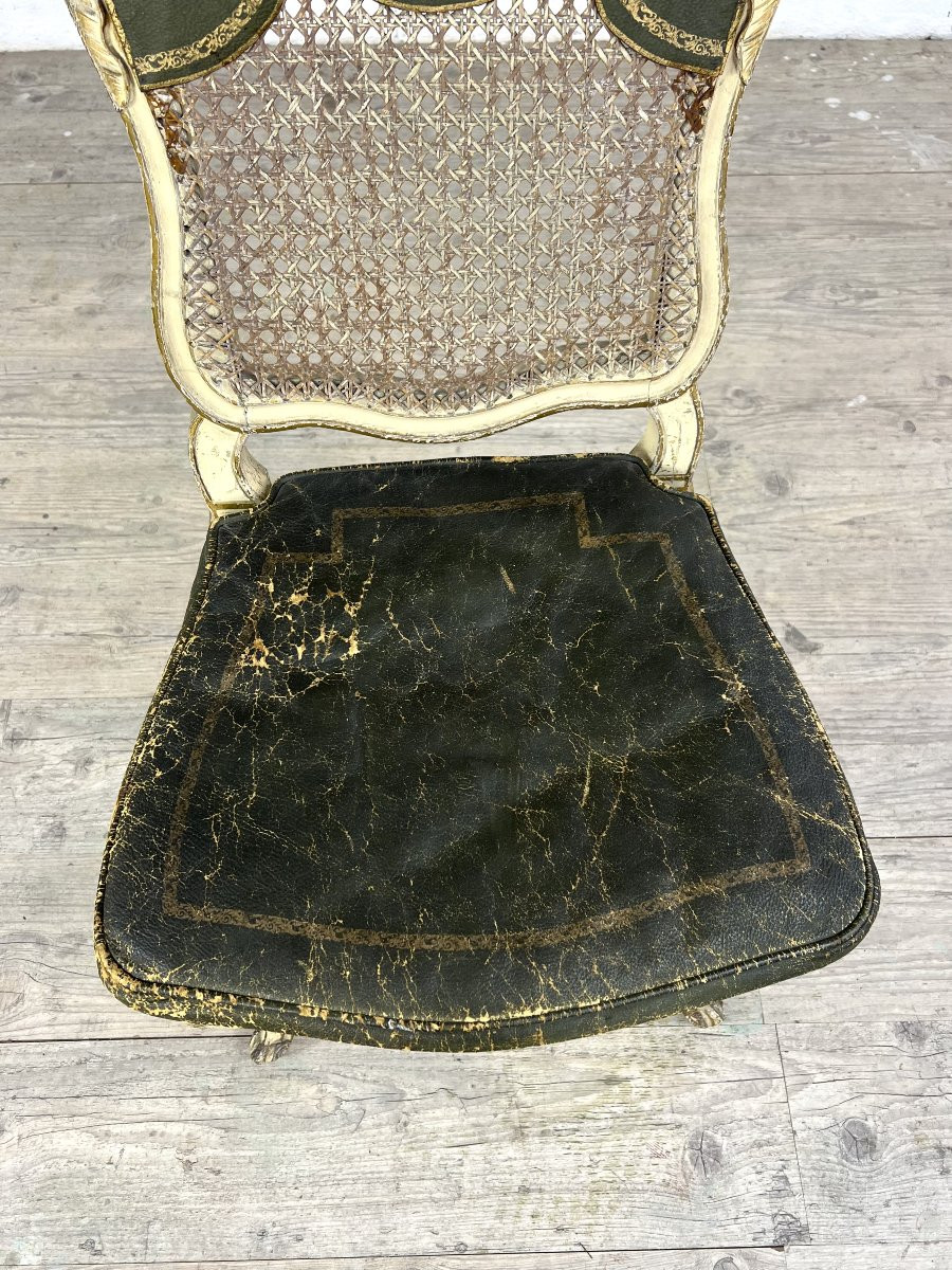Louis XV Chair In Gilded Wood, Canework And Leather Seat – 18th Century-photo-4