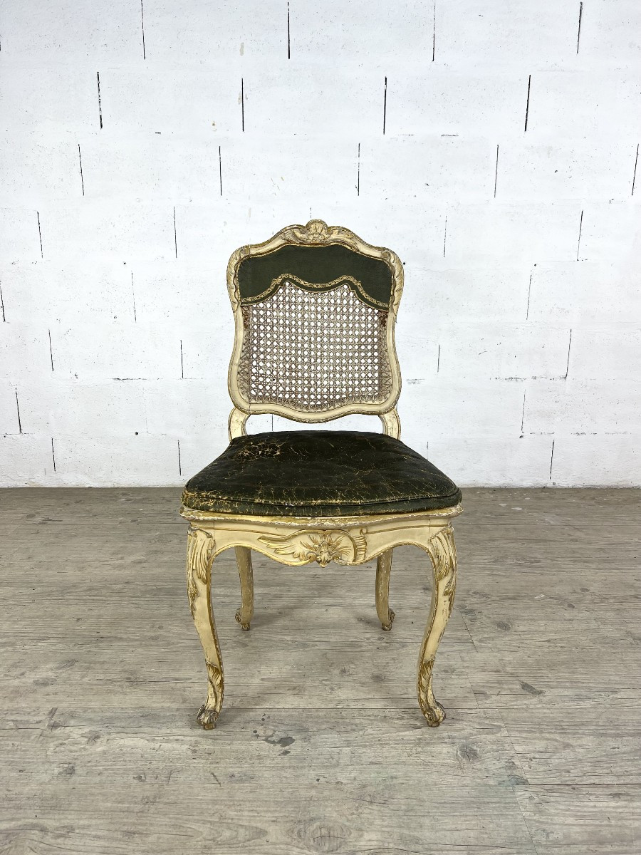 Louis XV Chair In Gilded Wood, Canework And Leather Seat – 18th Century
