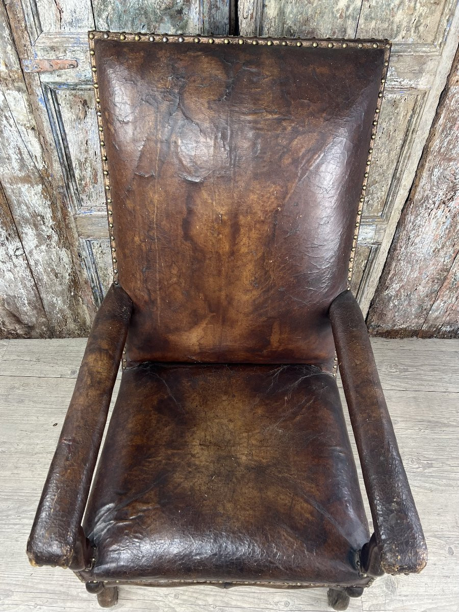 Louis XIII Style Patinated Leather Armchair-photo-1