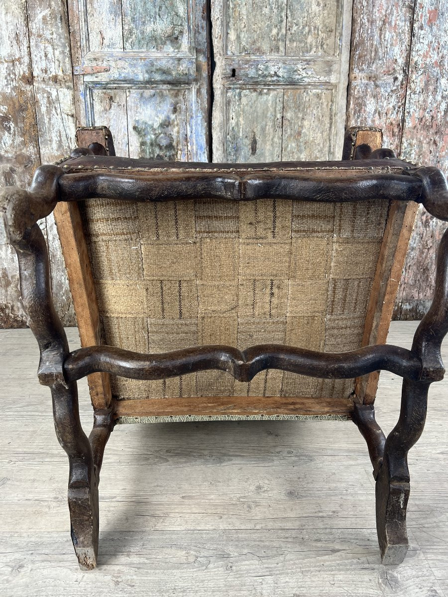 Louis XIII Style Patinated Leather Armchair-photo-2
