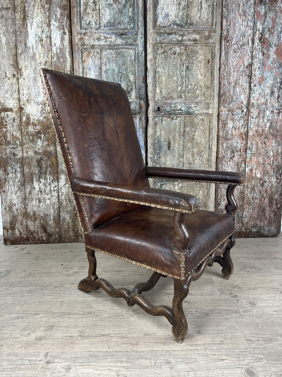 Louis XIII Style Patinated Leather Armchair