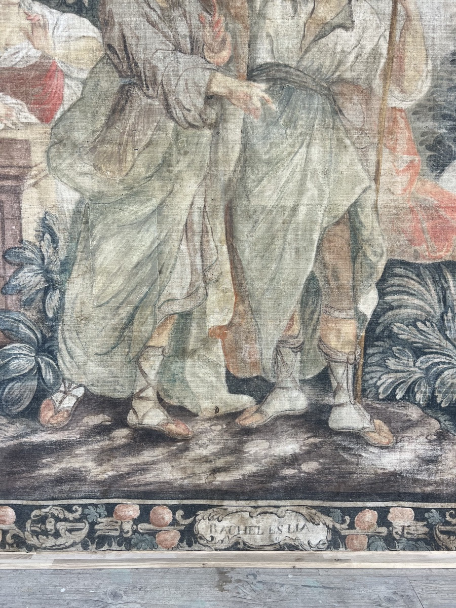 Toile peinte XVIIIe – Rachel et Lia – Provence – Pigments naturels – Cadre en chêne-photo-4