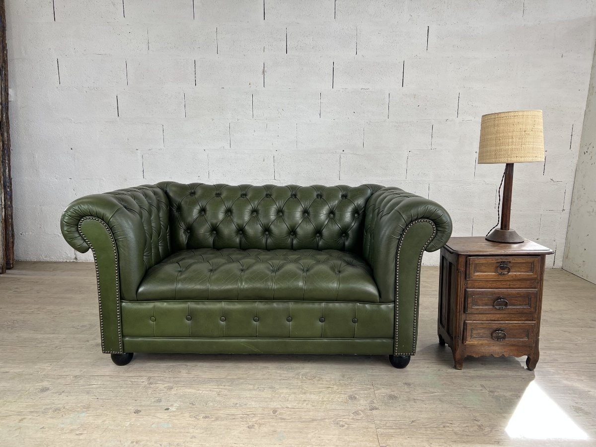 Canapé 2 places Chesterfield en cuir vert olive -photo-4