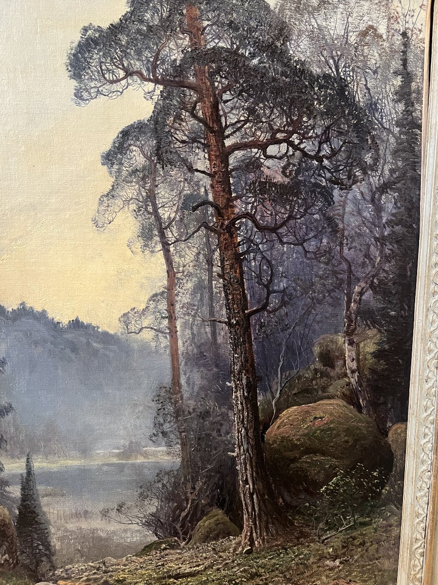 Nordic Landscape With Lake In The Mist – Oil On Canvas Signed John Kindborg – Late 19th Century-photo-2