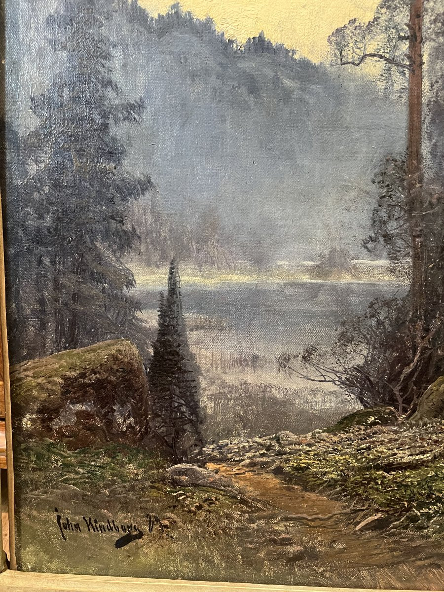Nordic Landscape With Lake In The Mist – Oil On Canvas Signed John Kindborg – Late 19th Century-photo-3