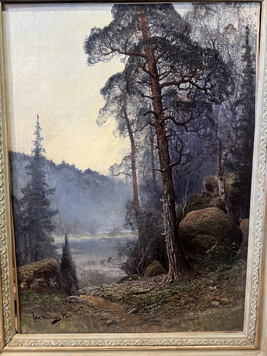 Nordic Landscape With Lake In The Mist – Oil On Canvas Signed John Kindborg – Late 19th Century-photo-4