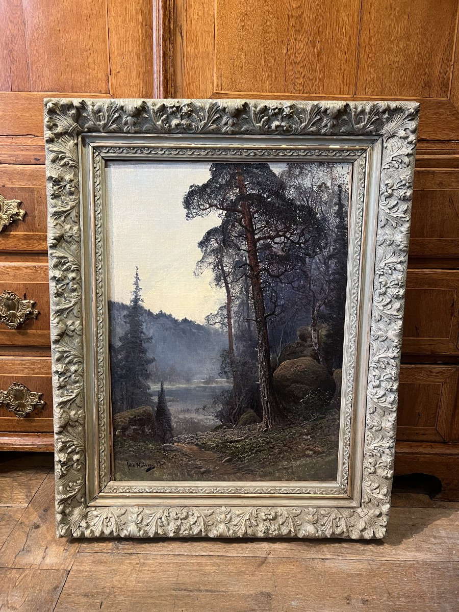 Nordic Landscape With Lake In The Mist – Oil On Canvas Signed John Kindborg – Late 19th Century