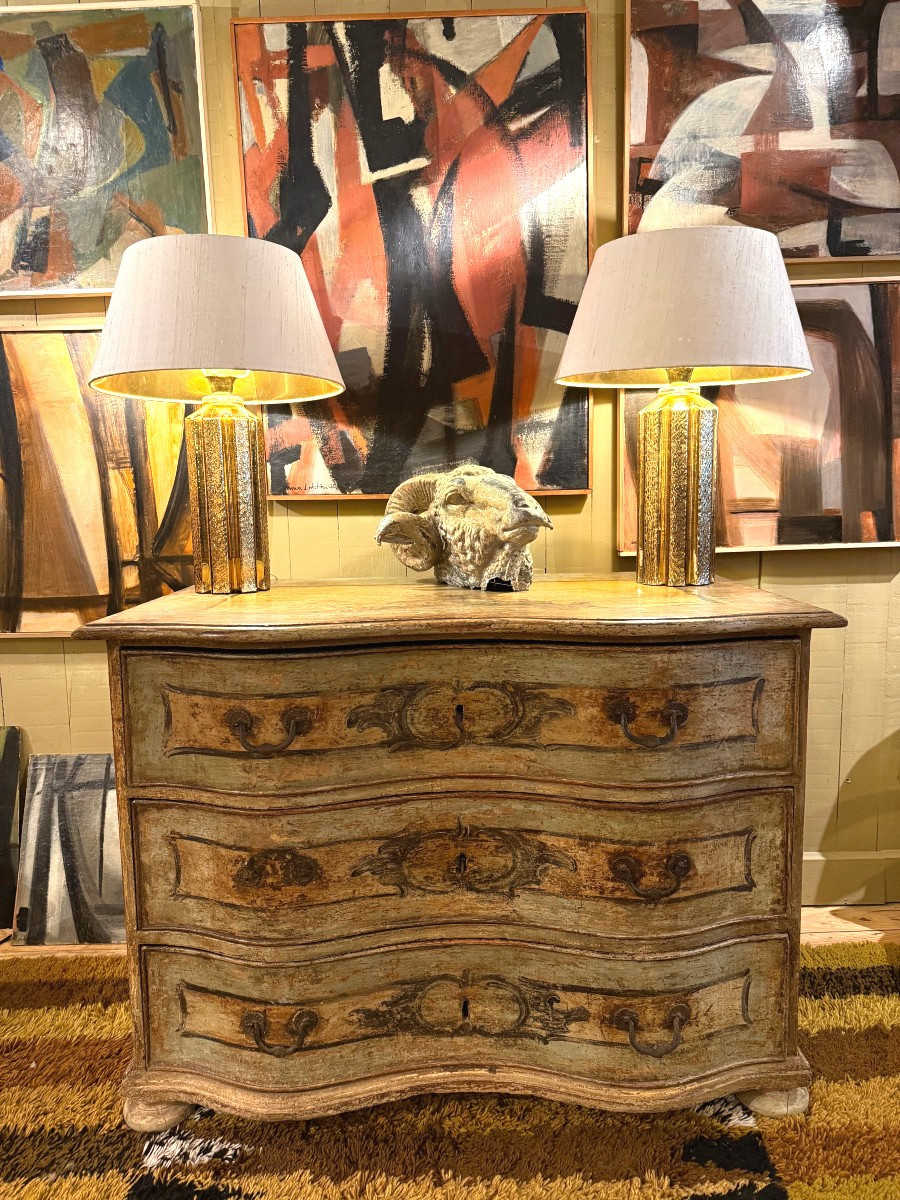 Commode double galbe en bois peint, patine vert pâle, style rococo, vers 1890