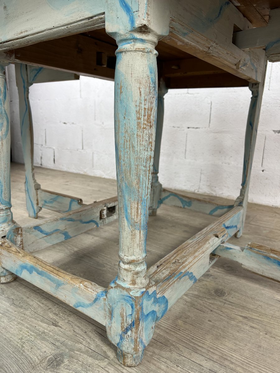 Swedish Oval Gateleg Table In Painted Wood, Late 19th Century - Faux Marble Decor In Glacier Blue-photo-4