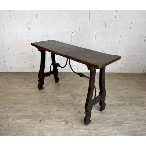 Spanish Console Table In Solid Waxed Walnut With Iron Legs, Late 17th Century.