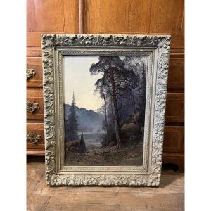 Nordic Landscape With Lake In The Mist – Oil On Canvas Signed John Kindborg – Late 19th Century