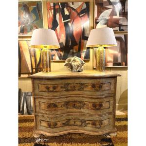 Commode double galbe en bois peint, patine vert pâle, style rococo, vers 1890