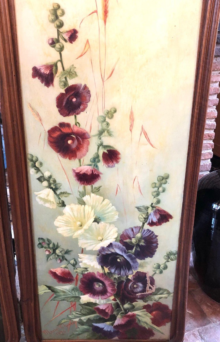 Screen 3 Leaves In Walnut, Oils On Canvas Late Nineteenth-photo-2