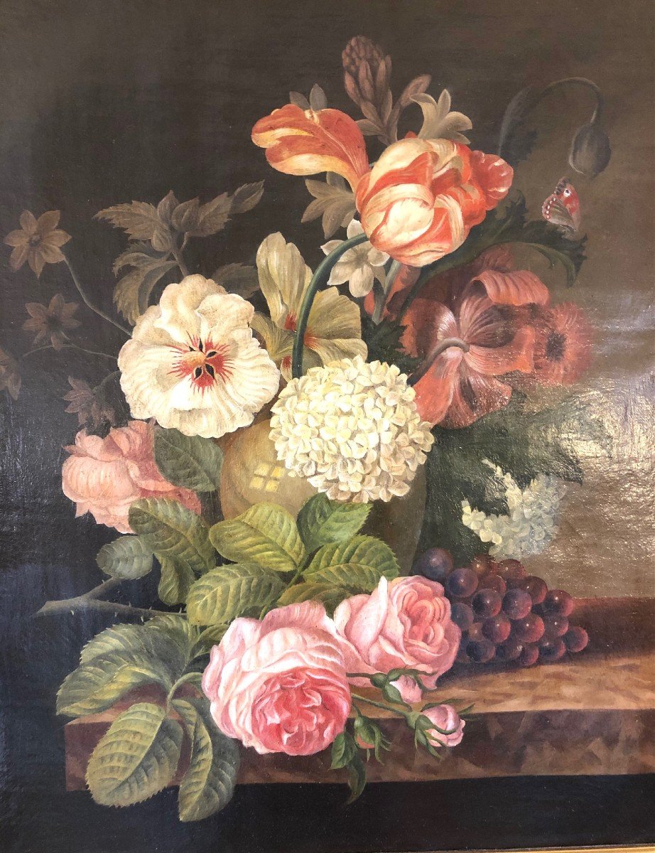 Bouquet Of Flowers, Oil On Canvas Early Twentieth, In The Style Of The Eighteenth-photo-2